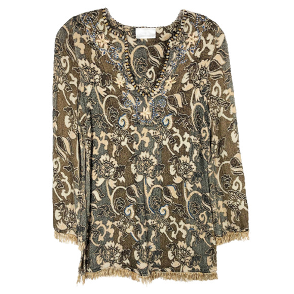 Soft Surroundings Small Tunic Top Knit Beaded Embroidered Fringe‎ V Neck 799 - Picture 1 of 7